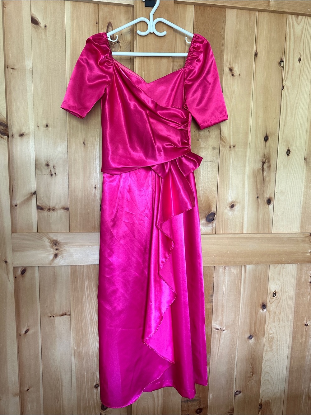Hot Pink Satin Midi Dress with Ruffle Detail